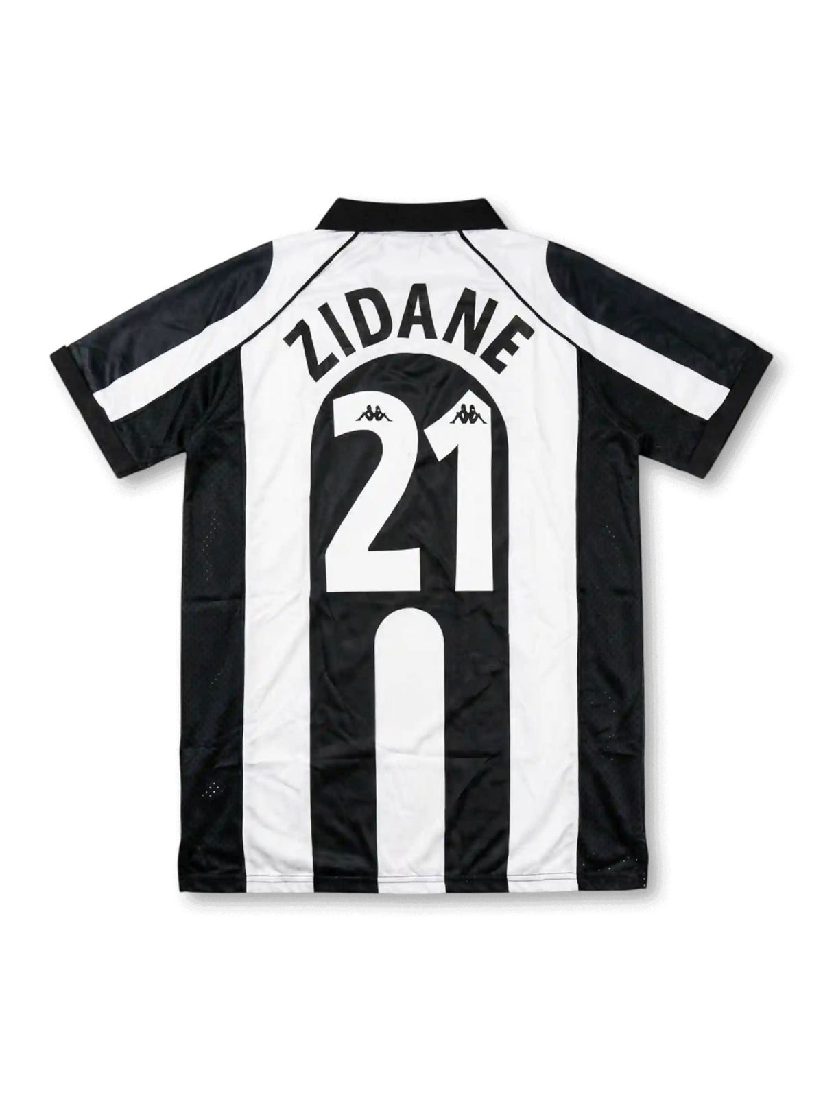 Front view of Juventus 1997-98 Champions League home shirt with black and white stripes, Sony MiniDisc sponsor, Juventus crest, Scudetto shield, and UEFA sleeve patch.