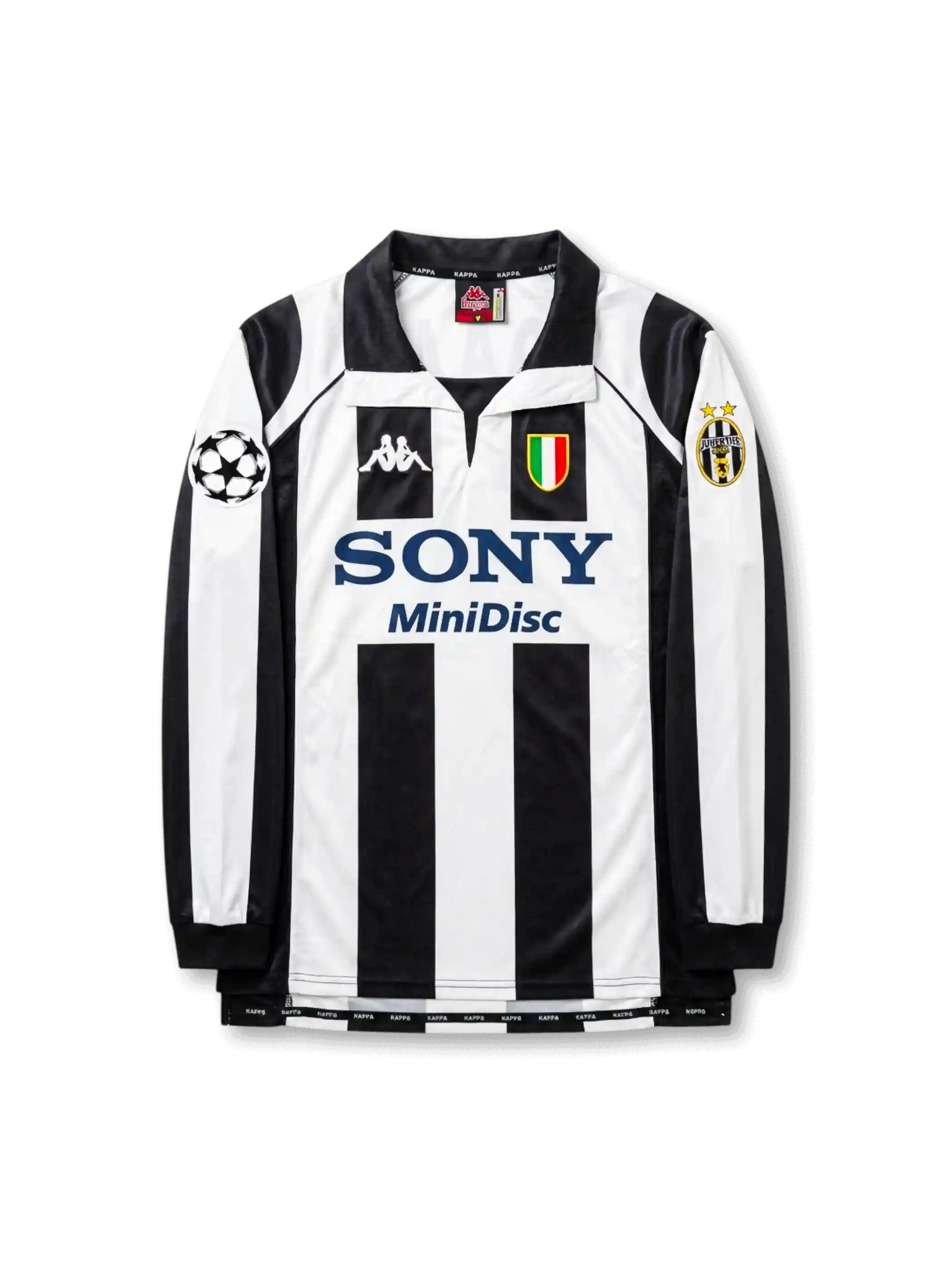 Front view of Juventus 1997-98 Champions League home long sleeve shirt with black and white stripes, Sony MiniDisc sponsor, Juventus crest, Scudetto shield, and UEFA sleeve patch.