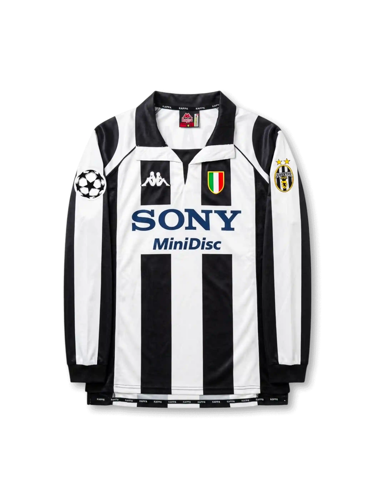 Front view of Juventus 1997-98 Champions League home long sleeve shirt with black and white stripes, Sony MiniDisc sponsor, Juventus crest, Scudetto shield, and UEFA sleeve patch.