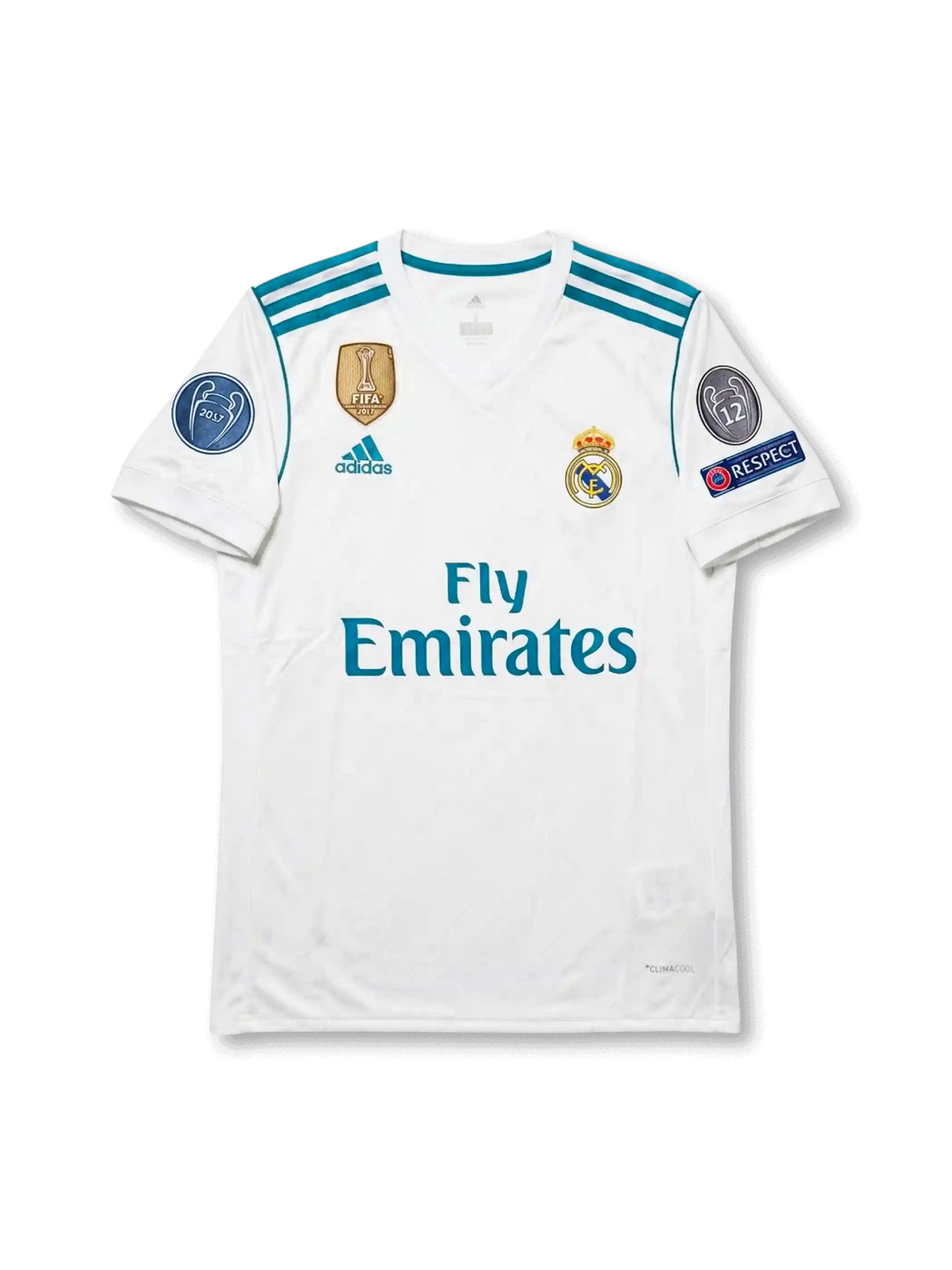 Front view of Real Madrid 2017-18 Champions League home shirt with white body, teal detailing, Fly Emirates sponsor, club crest, and European sleeve patches.