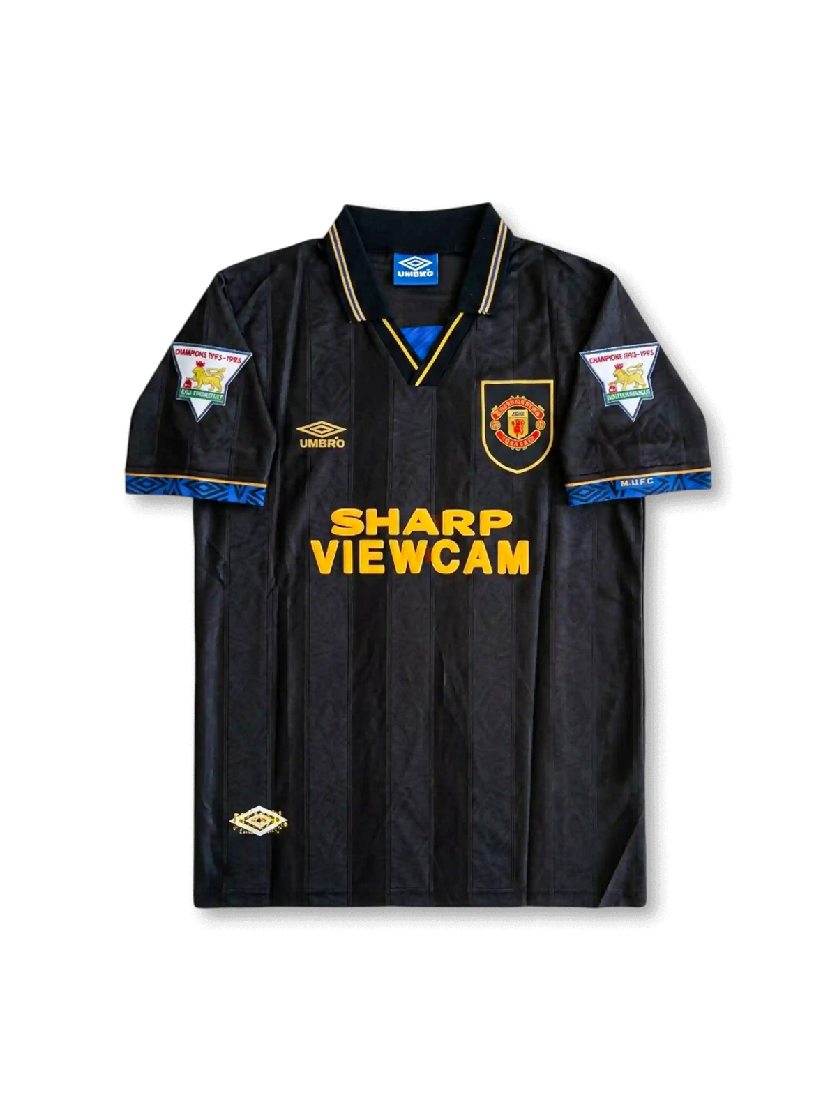 Front view of Manchester United 1993-95 away shirt with black striped body, Sharp Viewcam sponsor, club crest, Umbro logo, and champion sleeve patches.