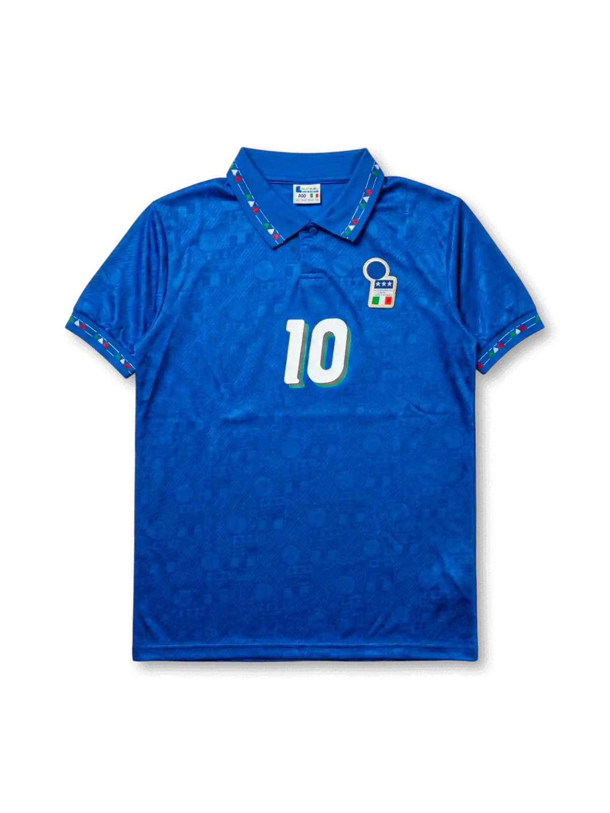 Front view of Italy 1994 World Cup home shirt with blue body, Italy crest, tricolor collar detailing, and #10 front number.