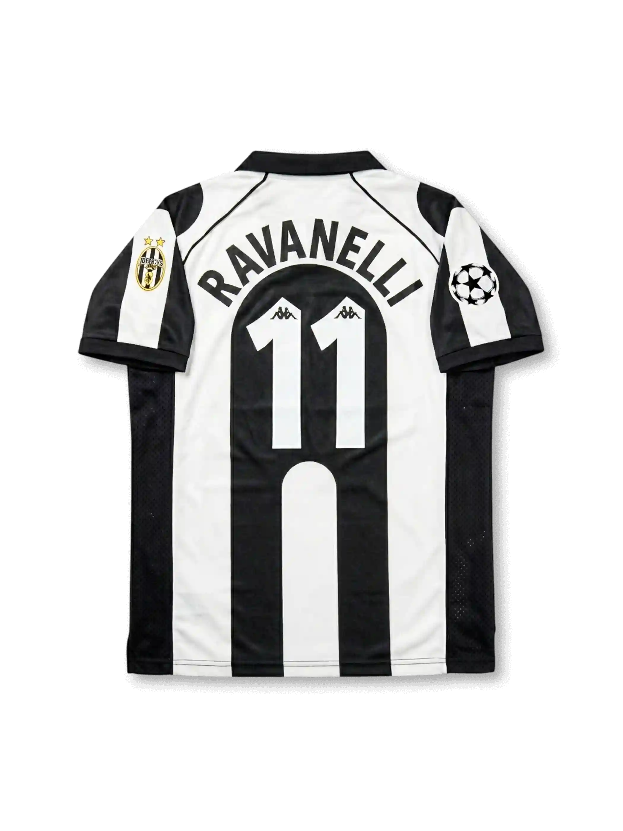 Front view of Juventus 1997-98 Champions League home shirt with black and white stripes, Sony MiniDisc sponsor, Juventus crest, Scudetto shield, and UEFA sleeve patch.