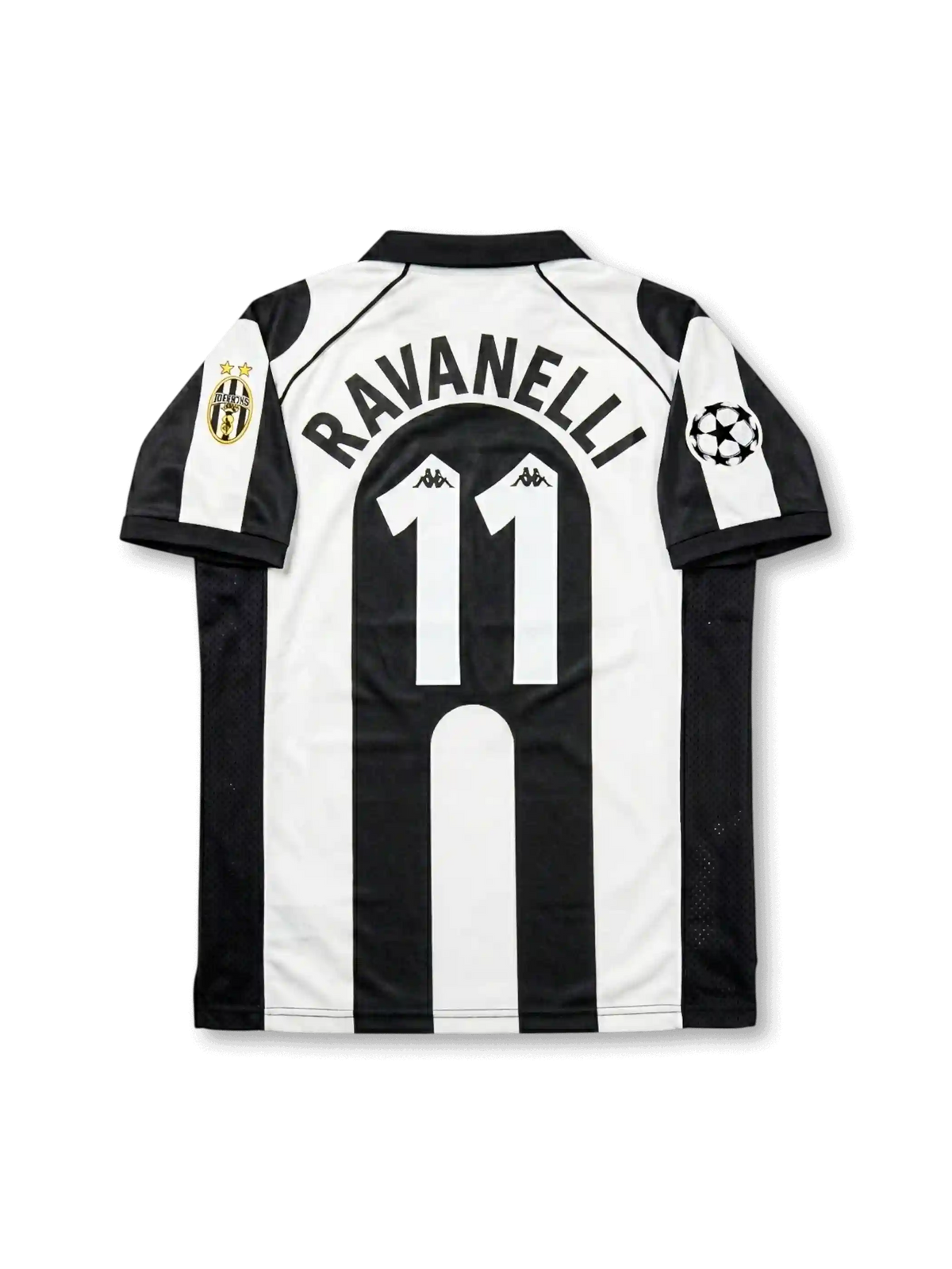 Front view of Juventus 1997-98 Champions League home shirt with black and white stripes, Sony MiniDisc sponsor, Juventus crest, Scudetto shield, and UEFA sleeve patch.