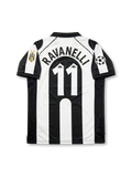Front view of Juventus 1997-98 Champions League home shirt with black and white stripes, Sony MiniDisc sponsor, Juventus crest, Scudetto shield, and UEFA sleeve patch.