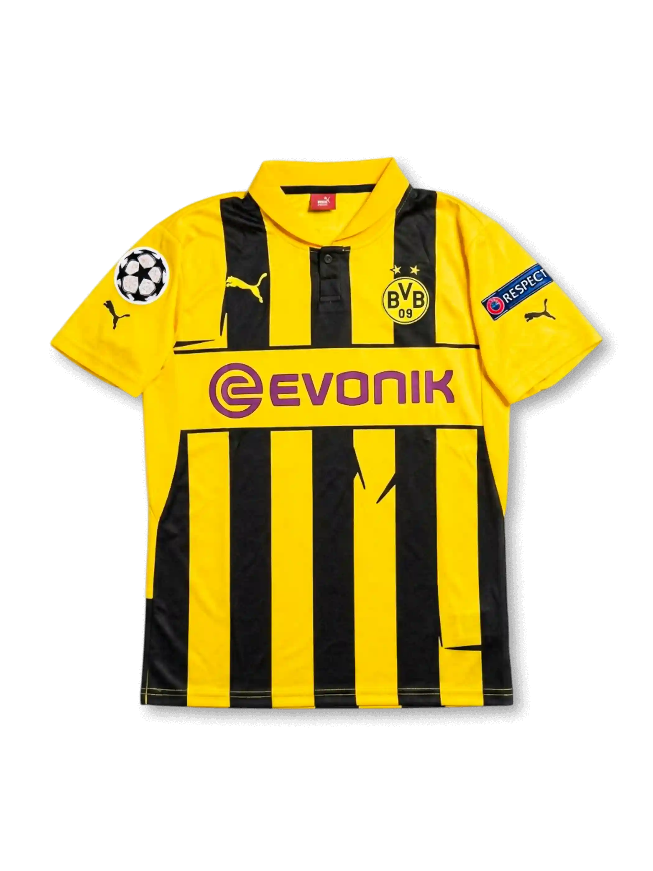 Front view of Borussia Dortmund 2012-13 Champions League home shirt with yellow and black stripes, Evonik sponsor, BVB crest, and European sleeve patches.