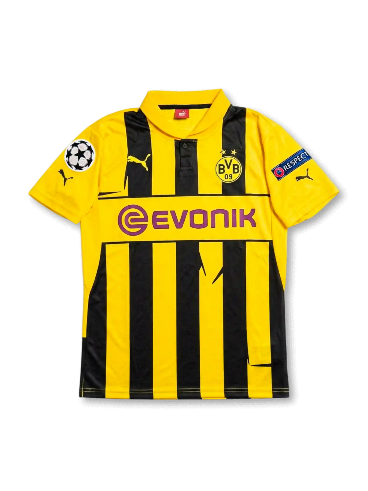 Front view of Borussia Dortmund 2012-13 Champions League home shirt with yellow and black stripes, Evonik sponsor, BVB crest, and European sleeve patches.