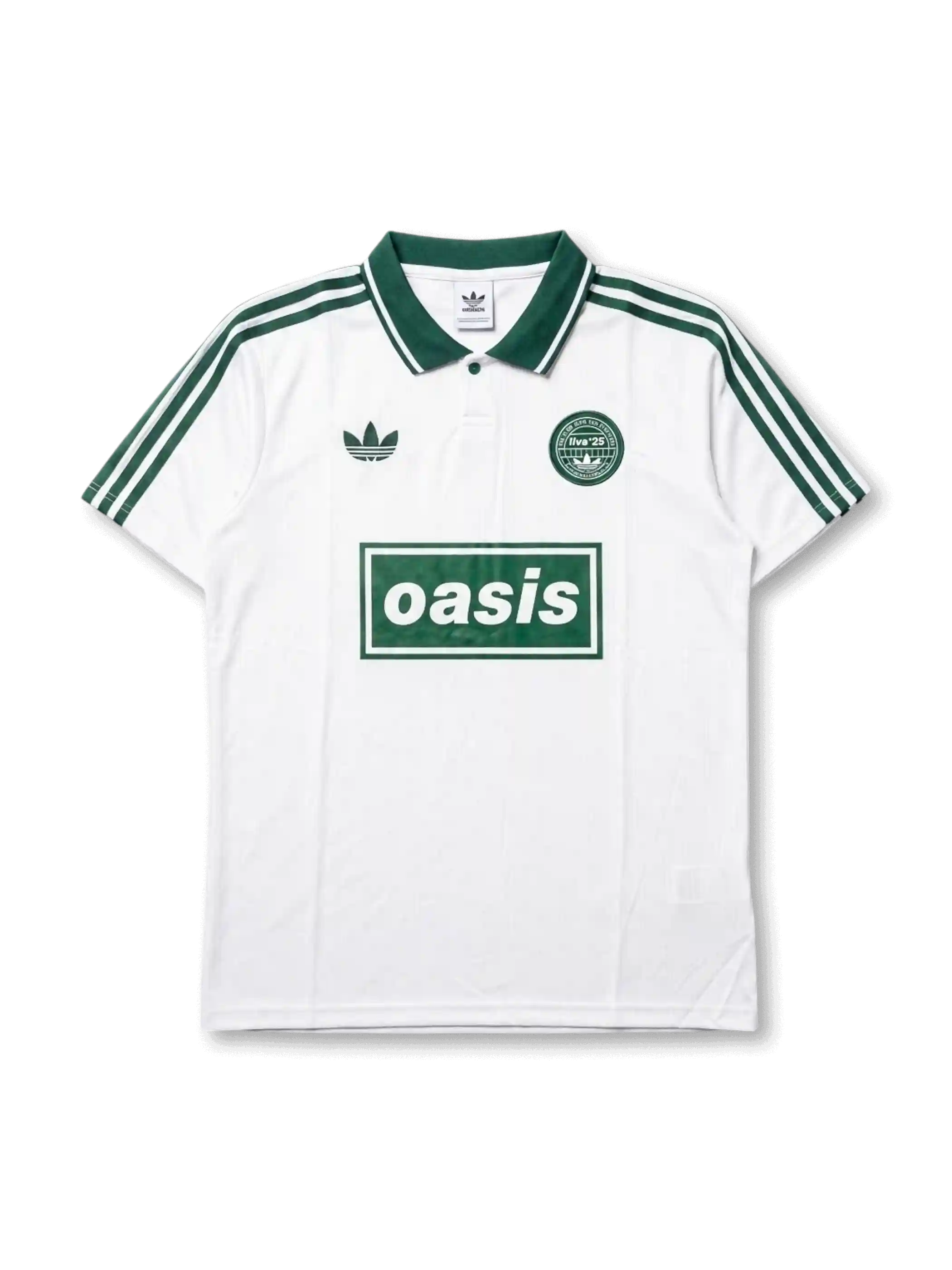 Front view of Adidas Originals x Oasis Live ’25 special edition polo shirt with white body, green stripes, trefoil logo, circular crest detail, and Oasis front branding.