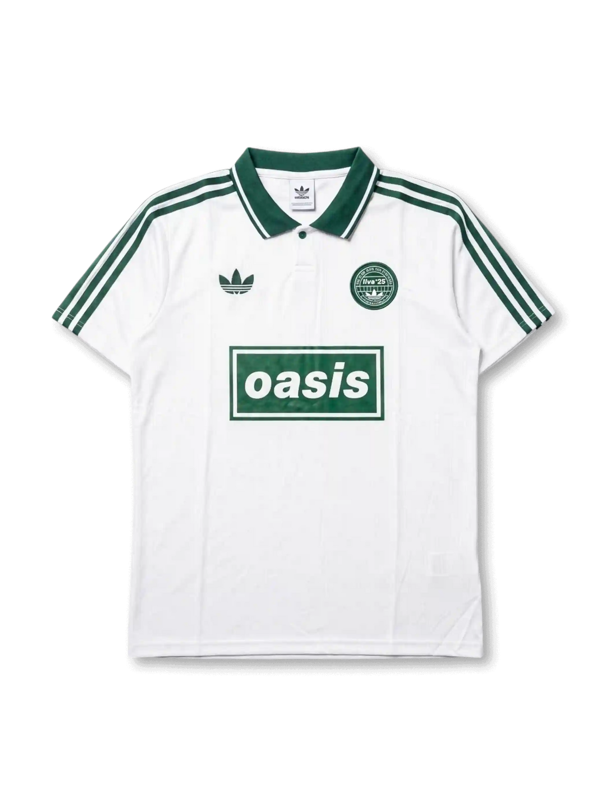 Front view of Adidas Originals x Oasis Live ’25 special edition polo shirt with white body, green stripes, trefoil logo, circular crest detail, and Oasis front branding.