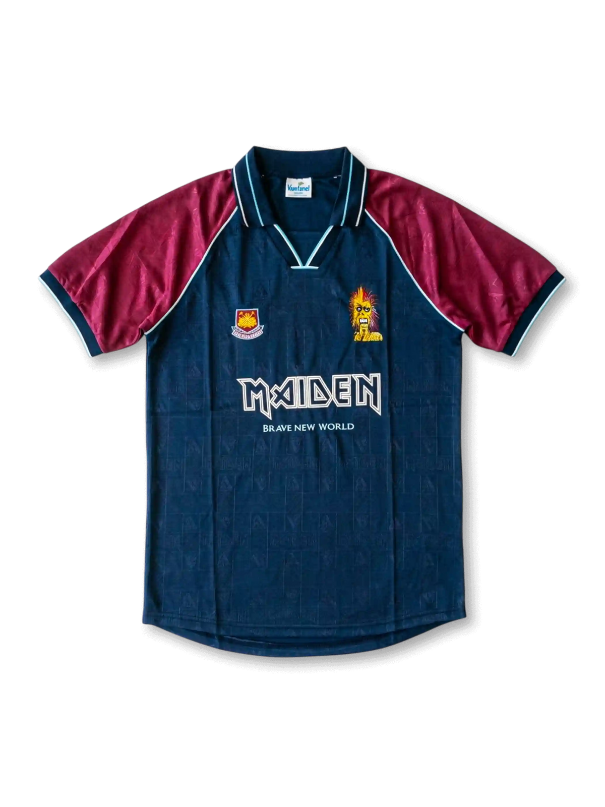 Front view of West Ham United Iron Maiden Brave New World special edition shirt with dark teal body, claret sleeves, Maiden branding, Eddie graphic, and club crest.