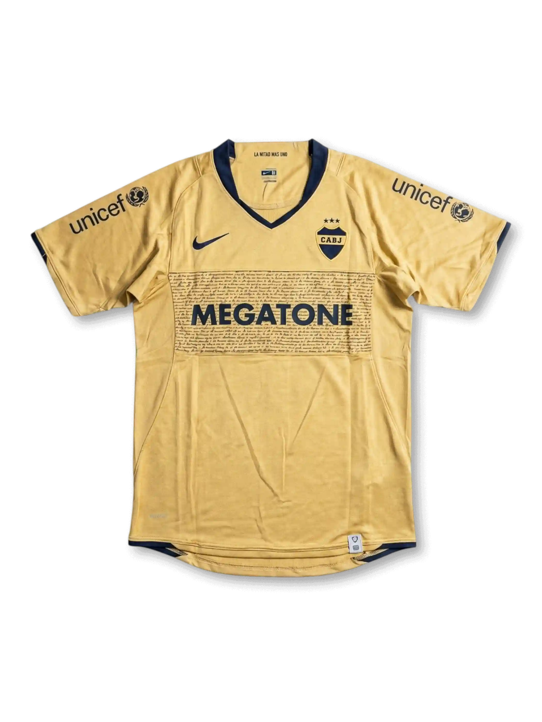 Front view of Boca Juniors 2007-08 away shirt with gold body, navy trim, Megatone sponsor, Boca Juniors crest, and UNICEF sleeve branding.