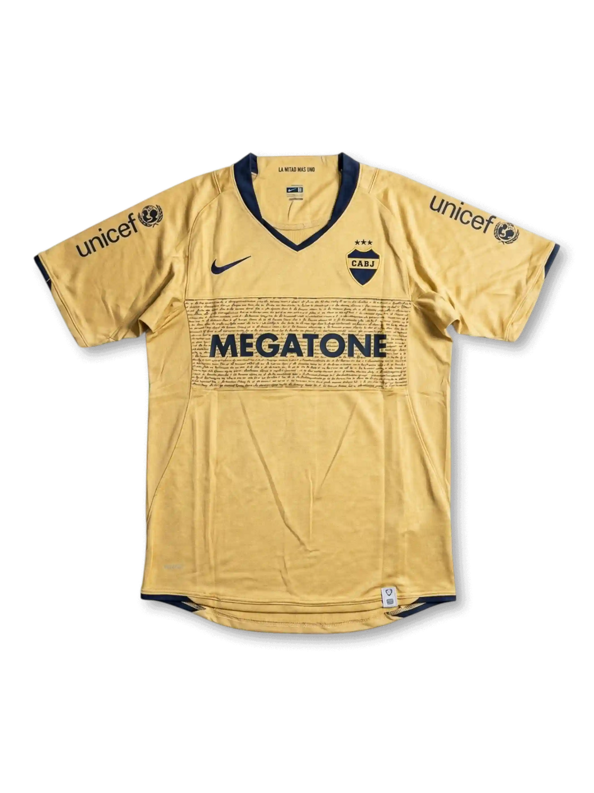 Front view of Boca Juniors 2007-08 away shirt with gold body, navy trim, Megatone sponsor, Boca Juniors crest, and UNICEF sleeve branding.