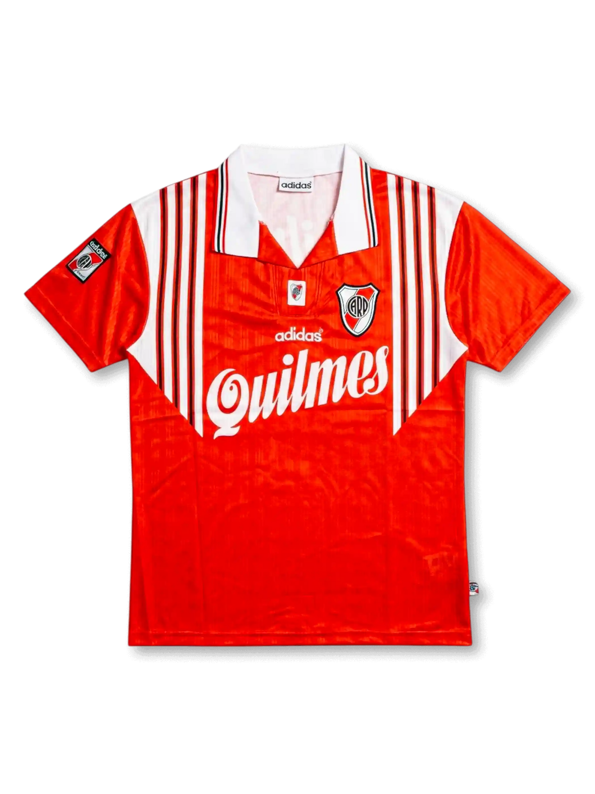 Front view of River Plate 1995-96 away shirt with red body, white shoulder striping, Quilmes sponsor, club crest, and Adidas detailing.