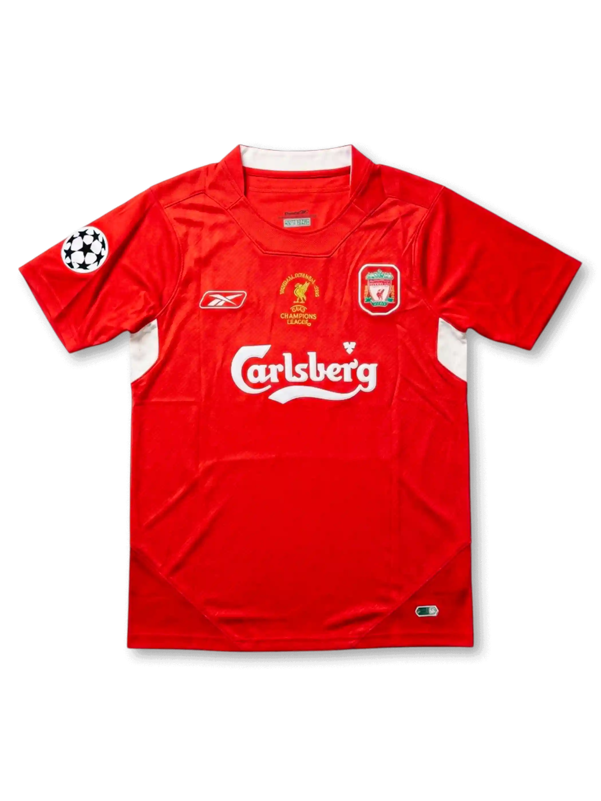 Front view of Liverpool 2005 Champions League Final home shirt with red body, Carlsberg sponsor, club crest, Reebok logo, and UEFA sleeve patch.