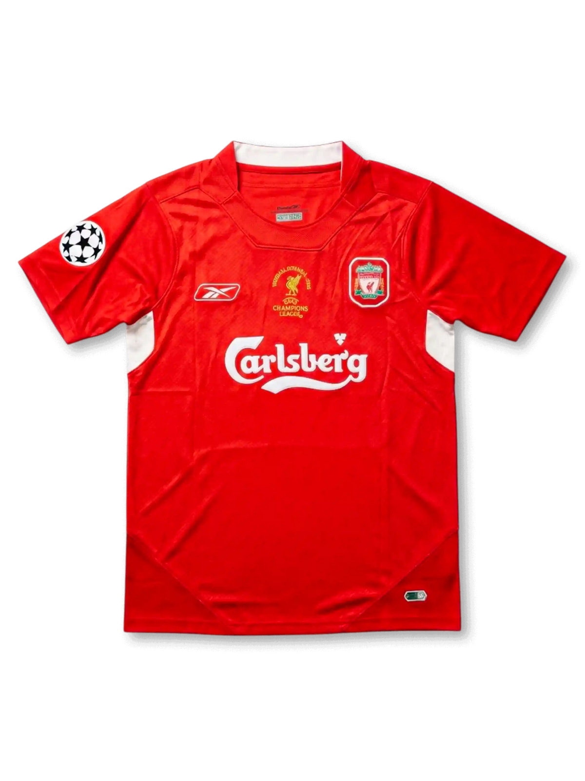 Front view of Liverpool 2005 Champions League Final home shirt with red body, Carlsberg sponsor, club crest, Reebok logo, and UEFA sleeve patch.