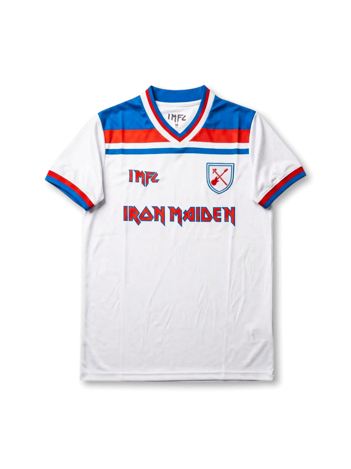 Front view of West Ham United Iron Maiden special edition shirt with white body, claret-blue trim, IMFC detail, Iron Maiden logo, and crossed-hammers crest.