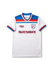 Front view of West Ham United Iron Maiden special edition shirt with white body, claret-blue trim, IMFC detail, Iron Maiden logo, and crossed-hammers crest.