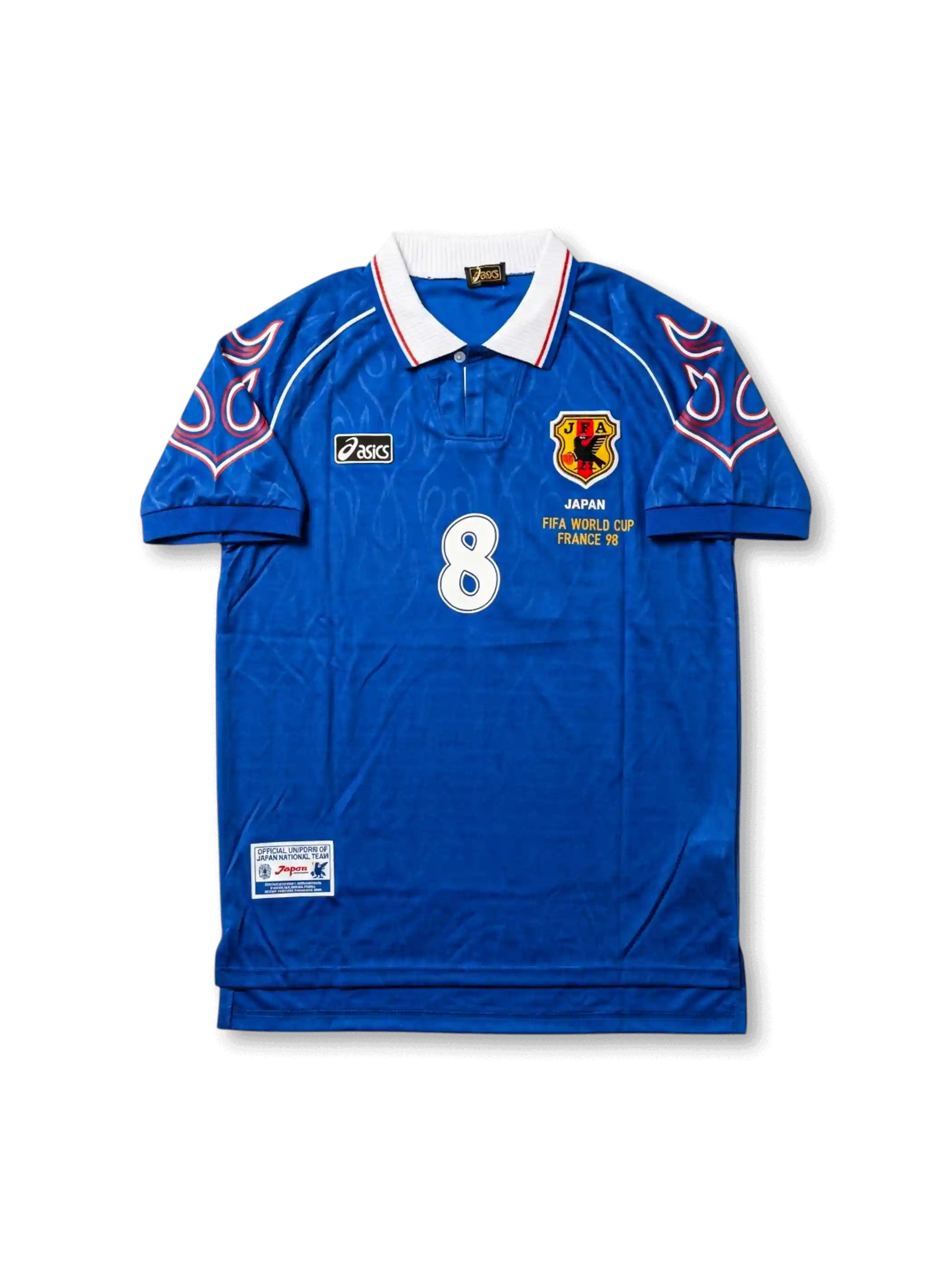 Front view of Japan 1998 World Cup home shirt with blue body, flame sleeve graphics, JFA crest, France 98 chest detail, and #8 front number.