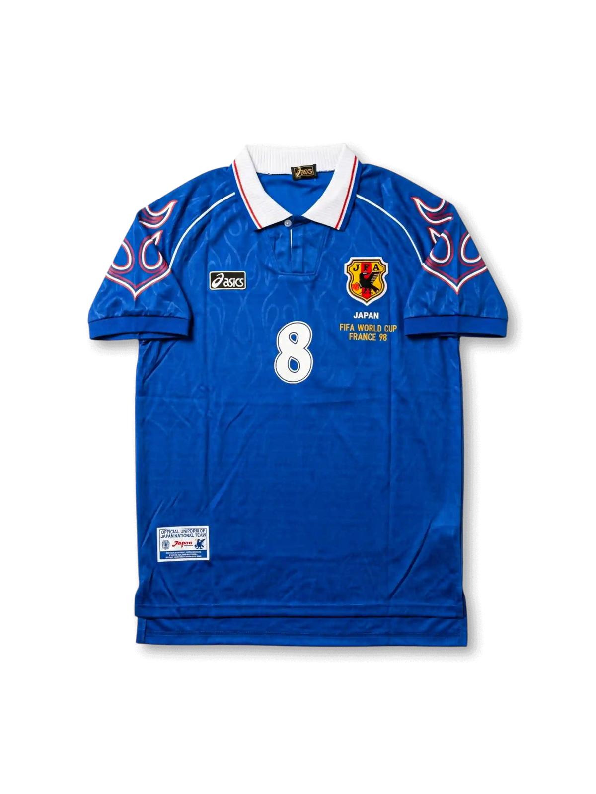 Front view of Japan 1998 World Cup home shirt with blue body, flame sleeve graphics, JFA crest, France 98 chest detail, and #8 front number.