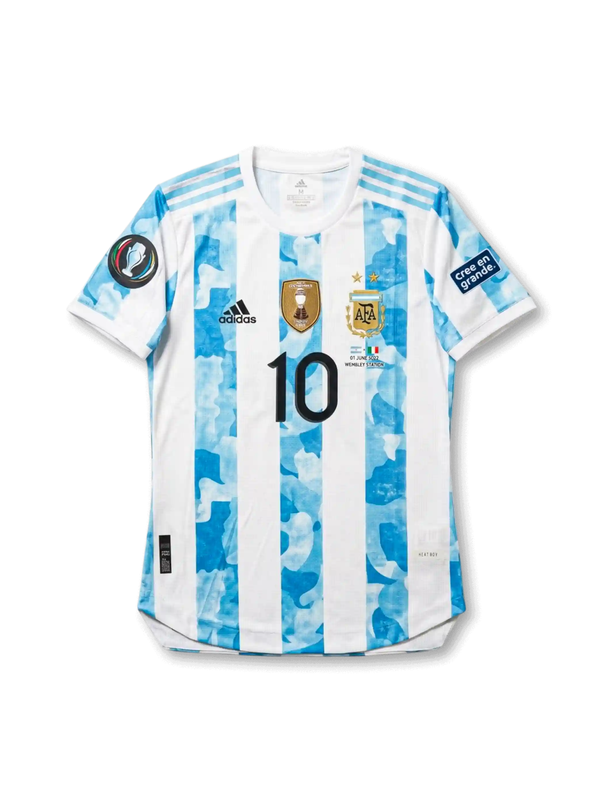 Back view of Argentina 2022 Finalissima home shirt with Messi name print, large #10 number, sky-blue striped body, and tournament sleeve patches.