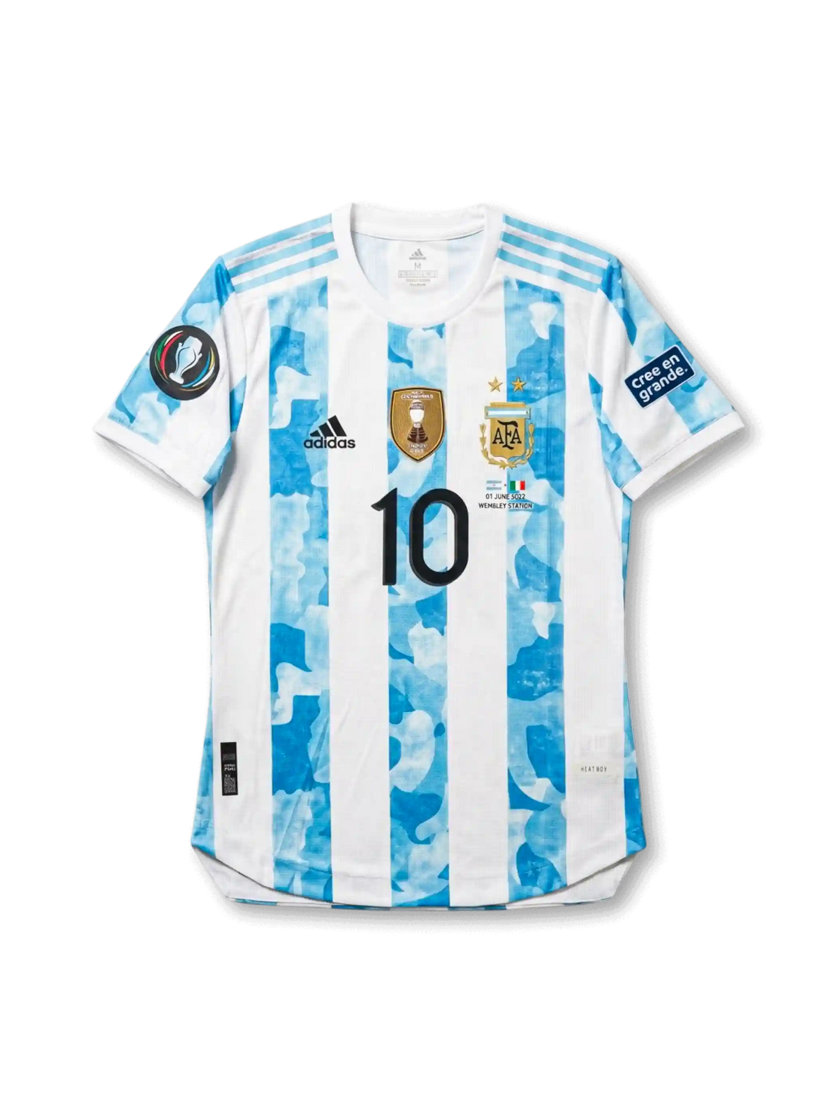 Back view of Argentina 2022 Finalissima home shirt with Messi name print, large #10 number, sky-blue striped body, and tournament sleeve patches.