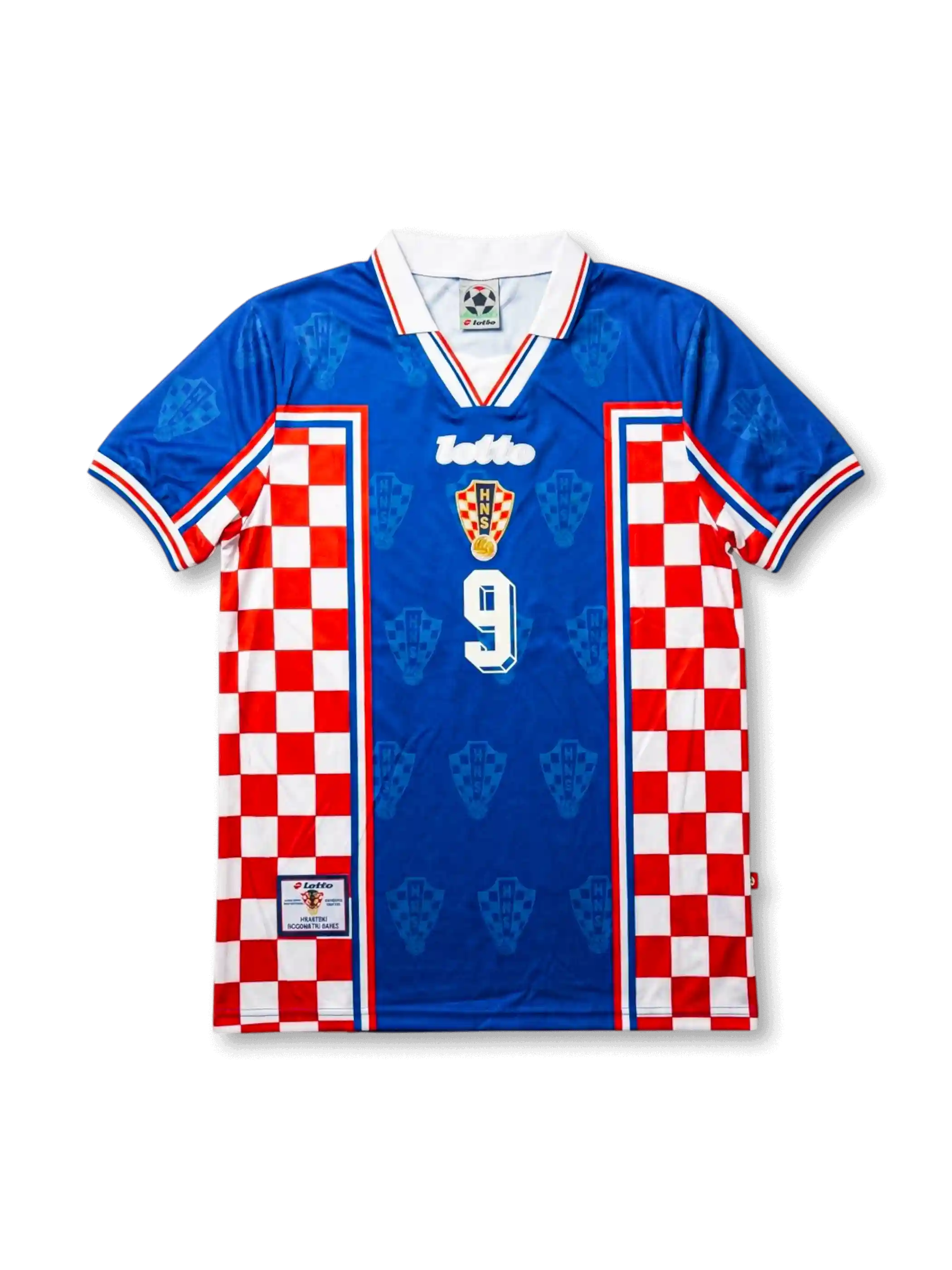 Front view of Croatia 1998 World Cup away shirt with blue body, red and white checkerboard panels, HNS crest, Lotto logo, and #9 front number.