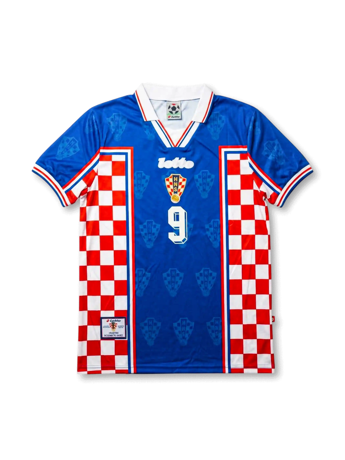 Front view of Croatia 1998 World Cup away shirt with blue body, red and white checkerboard panels, HNS crest, Lotto logo, and #9 front number.