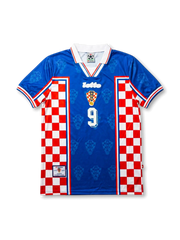 Front view of Croatia 1998 World Cup away shirt with blue body, red and white checkerboard panels, HNS crest, Lotto logo, and #9 front number.