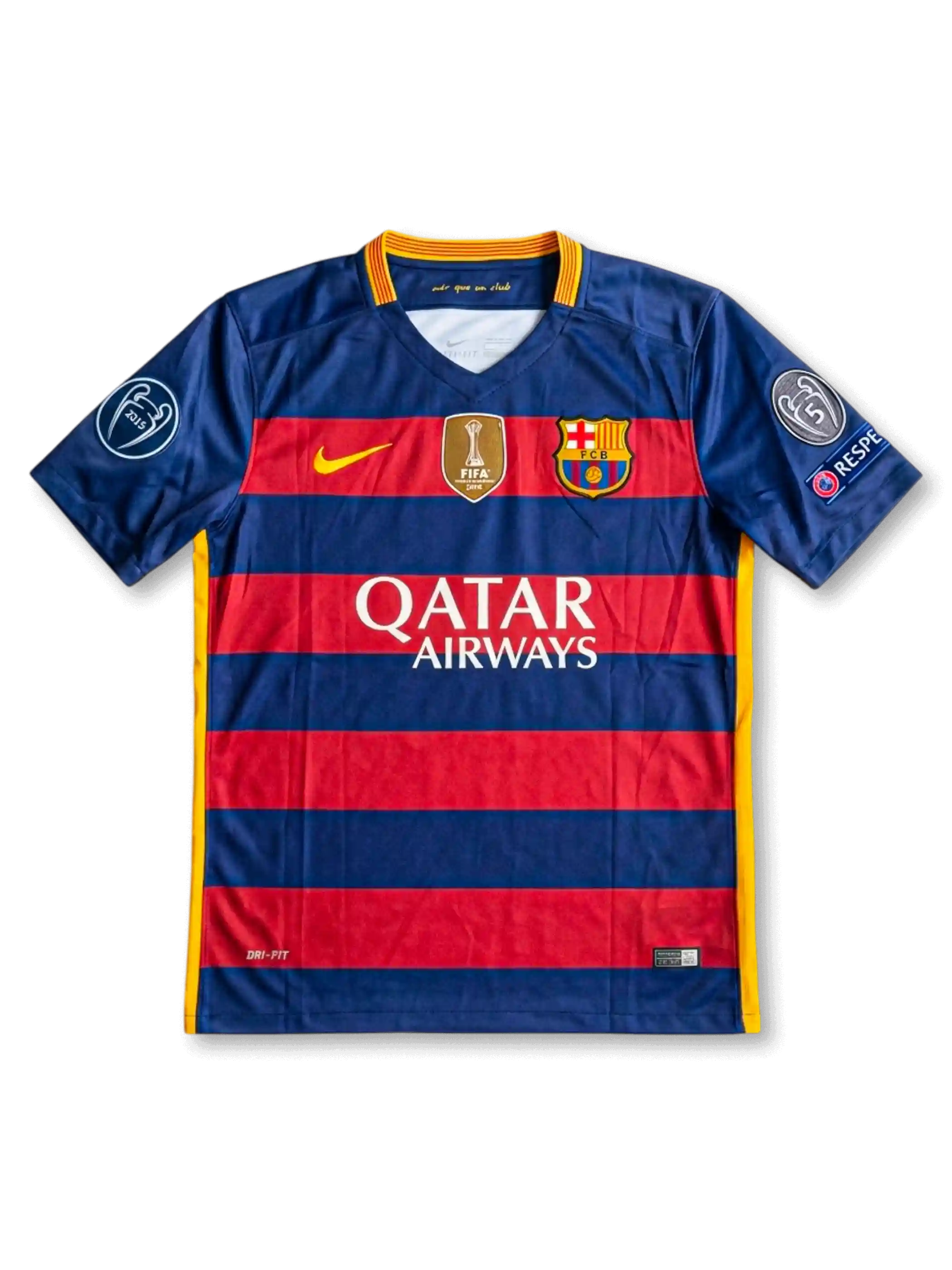 Front view of Barcelona 2015-16 Champions League home shirt with red and blue horizontal stripes, Qatar Airways sponsor, club crest, FIFA badge, and European sleeve patches.