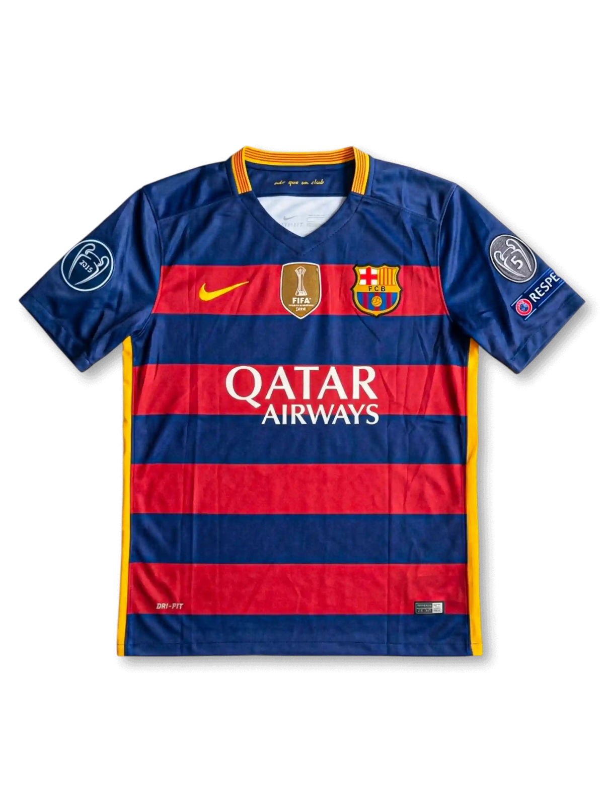 Front view of Barcelona 2015-16 Champions League home shirt with red and blue horizontal stripes, Qatar Airways sponsor, club crest, FIFA badge, and European sleeve patches.