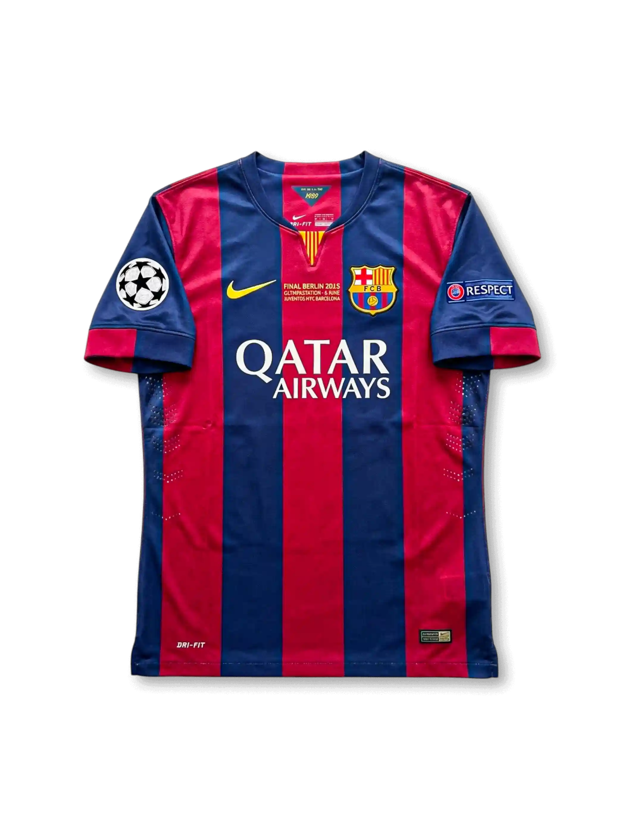 Front view of Barcelona 2015 Champions League Final home shirt with red and blue vertical stripes, Qatar Airways sponsor, club crest, Berlin final match detail, and UEFA sleeve patches.