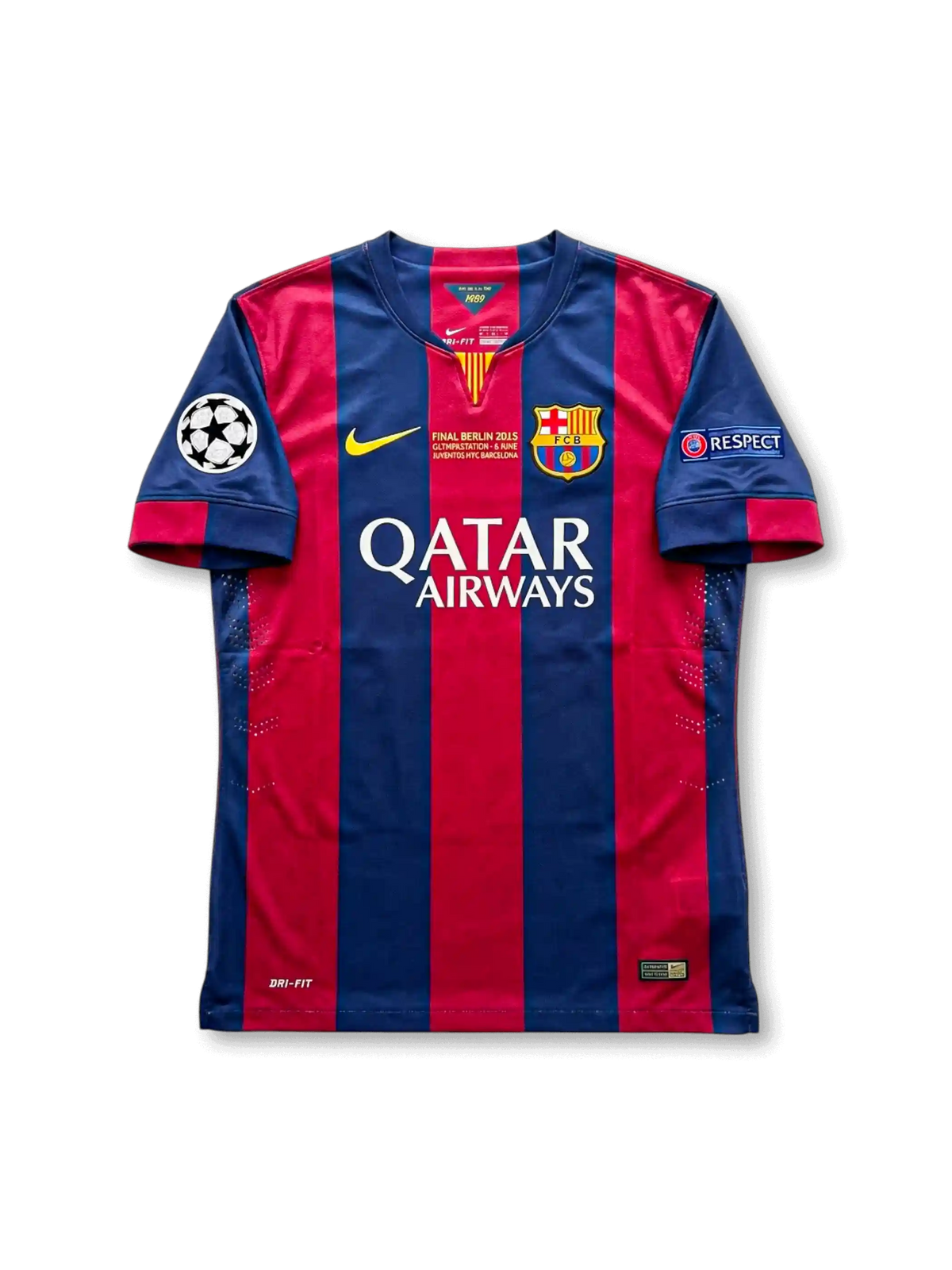 Front view of Barcelona 2015 Champions League Final home shirt with red and blue vertical stripes, Qatar Airways sponsor, club crest, Berlin final match detail, and UEFA sleeve patches.