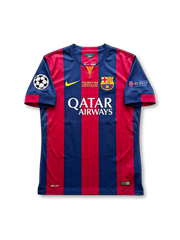 Front view of Barcelona 2015 Champions League Final home shirt with red and blue vertical stripes, Qatar Airways sponsor, club crest, Berlin final match detail, and UEFA sleeve patches.