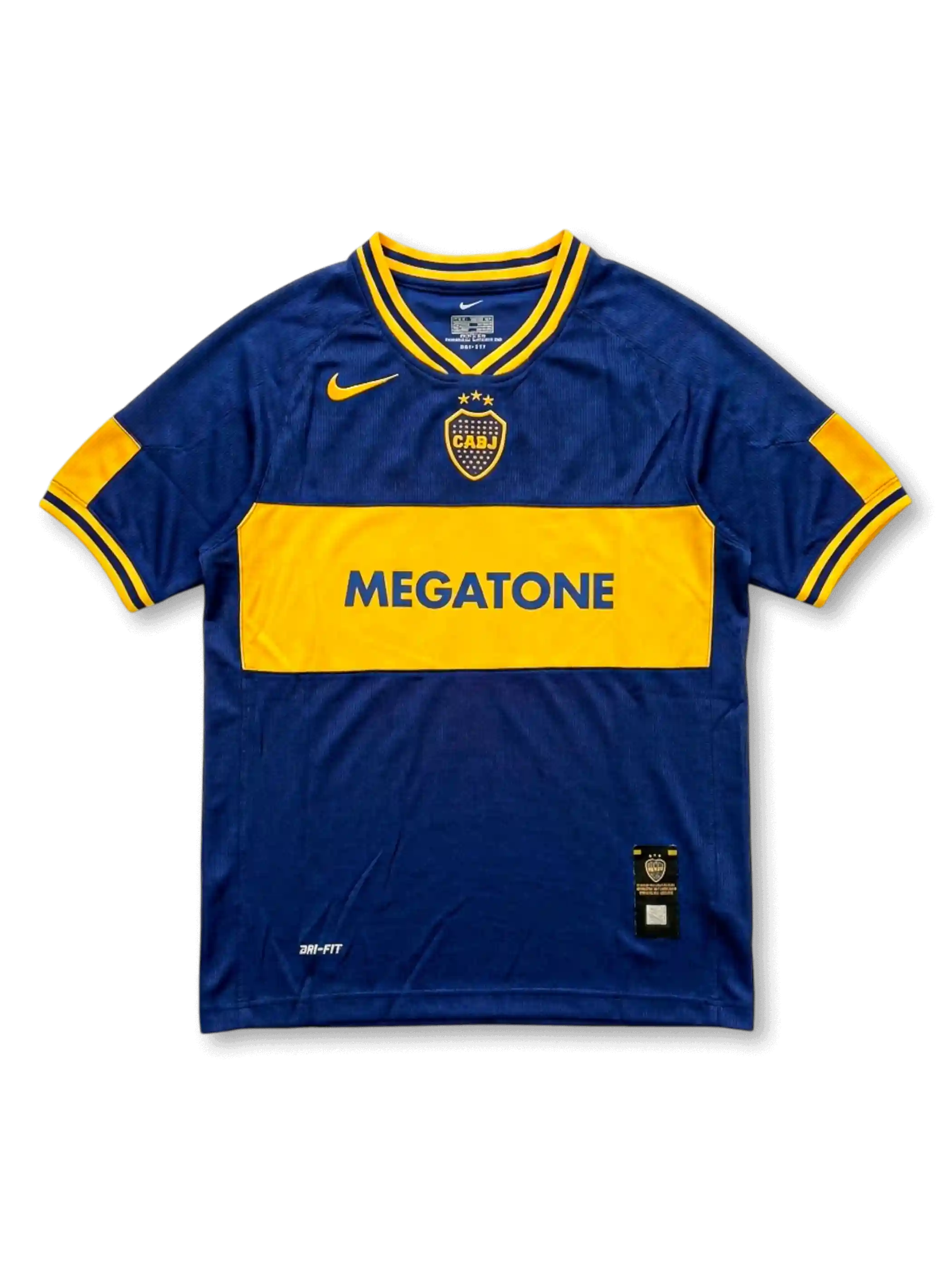 Front view of Boca Juniors 2001-02 home shirt with navy blue body, gold chest band, Megatone sponsor, Boca Juniors crest, and Nike detailing.