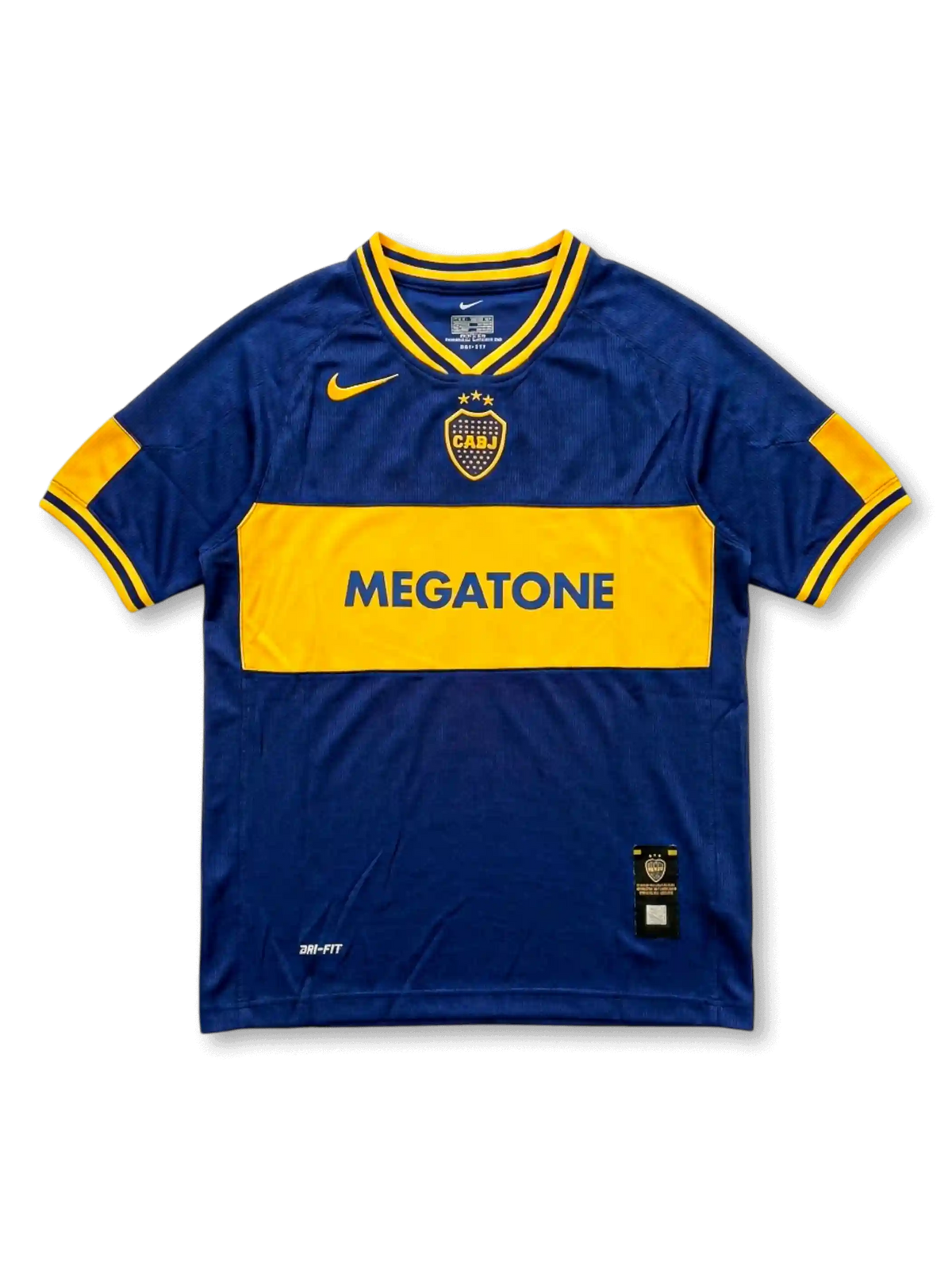 Front view of Boca Juniors 2001-02 home shirt with navy blue body, gold chest band, Megatone sponsor, Boca Juniors crest, and Nike detailing.