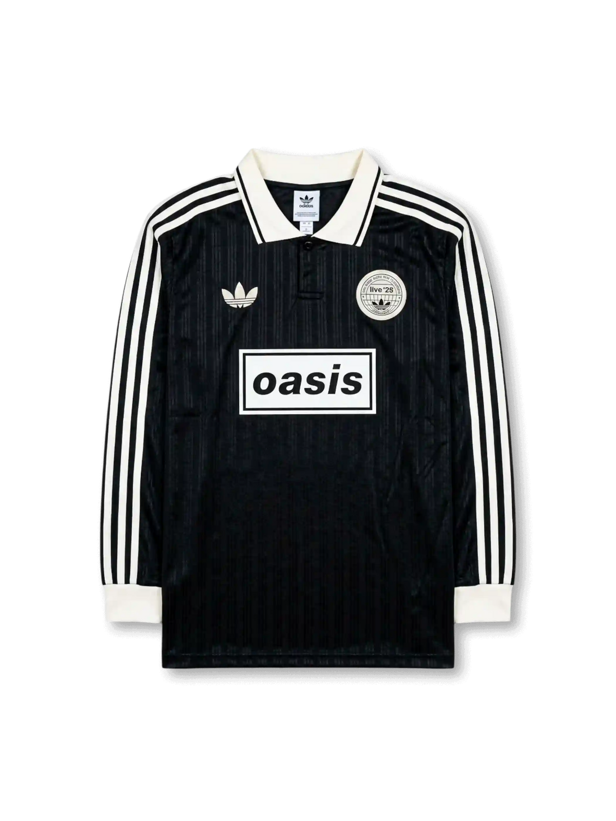 Front view of Adidas Originals x Oasis Live ’25 black long sleeve shirt with white collar, trefoil logo, Oasis chest graphic, and circular Live ’25 patch.