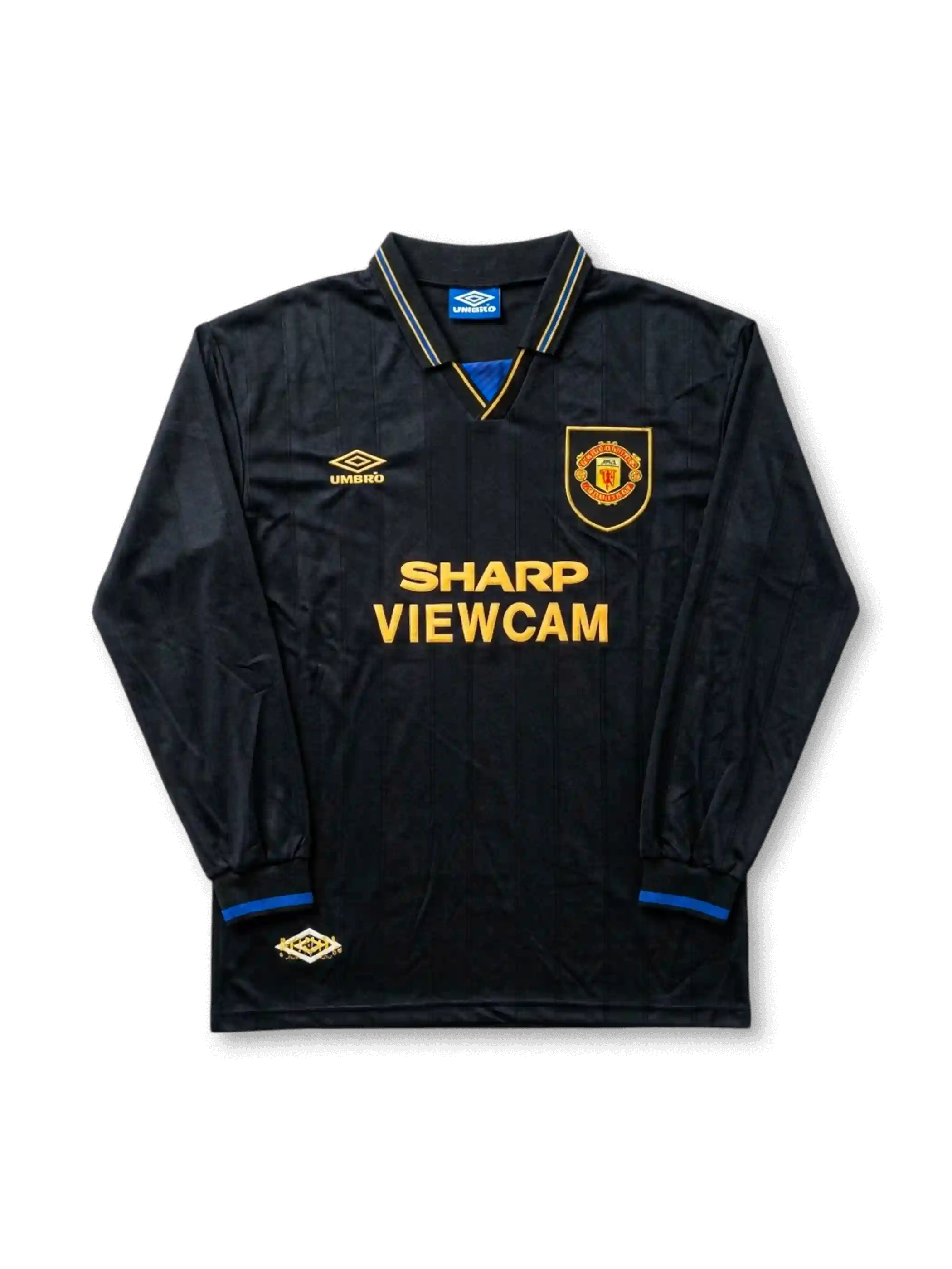 Front view of Manchester United 1994-96 black away shirt with long sleeves, Sharp Viewcam sponsor, club crest, gold detailing, and fold-over collar.