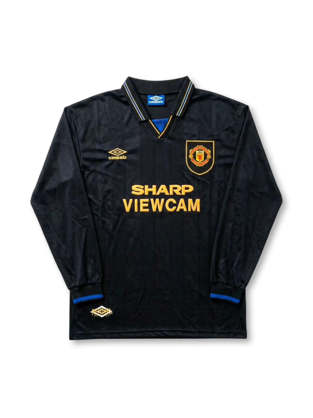 Front view of Manchester United 1994-96 black away shirt with long sleeves, Sharp Viewcam sponsor, club crest, gold detailing, and fold-over collar.