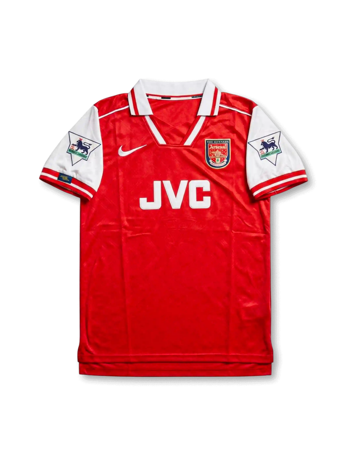 Front view of Arsenal 1995-96 home shirt with red body, white sleeves, JVC sponsor, club crest, and Premier League sleeve patches.