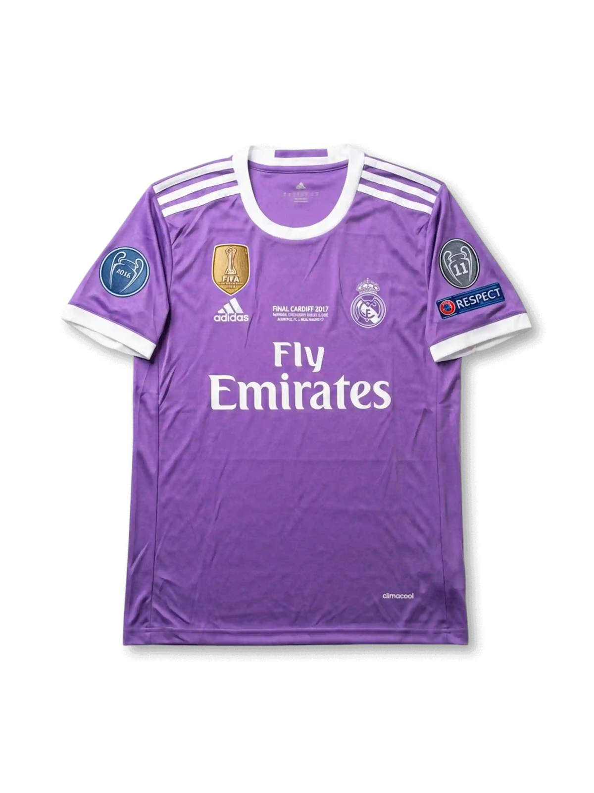 Front view of Real Madrid 2017 Final Cardiff purple shirt with club crest, Fly Emirates sponsor, final text, white shoulder stripes, and sleeve patches.