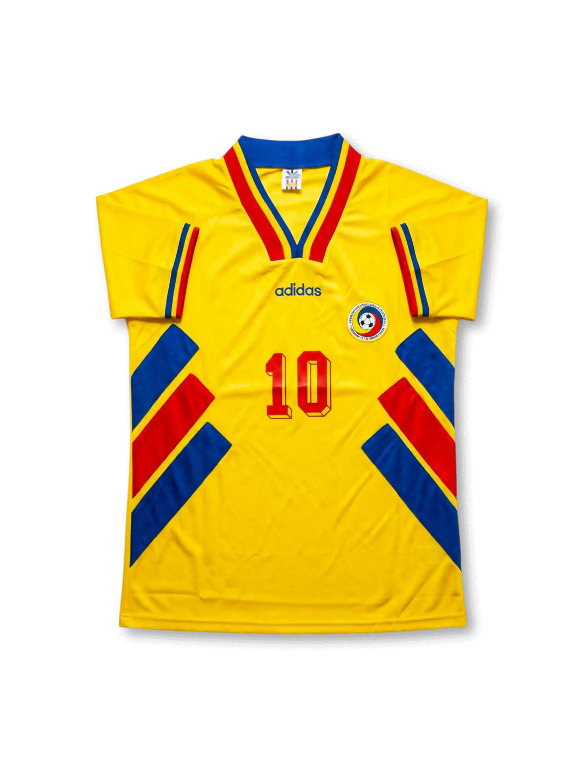 Front view of Romania 1994 home shirt with yellow base, red and blue trim, national crest, V-neck collar, and #10 front detail.