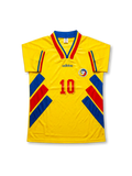 Front view of Romania 1994 home shirt with yellow base, red and blue trim, national crest, V-neck collar, and #10 front detail.