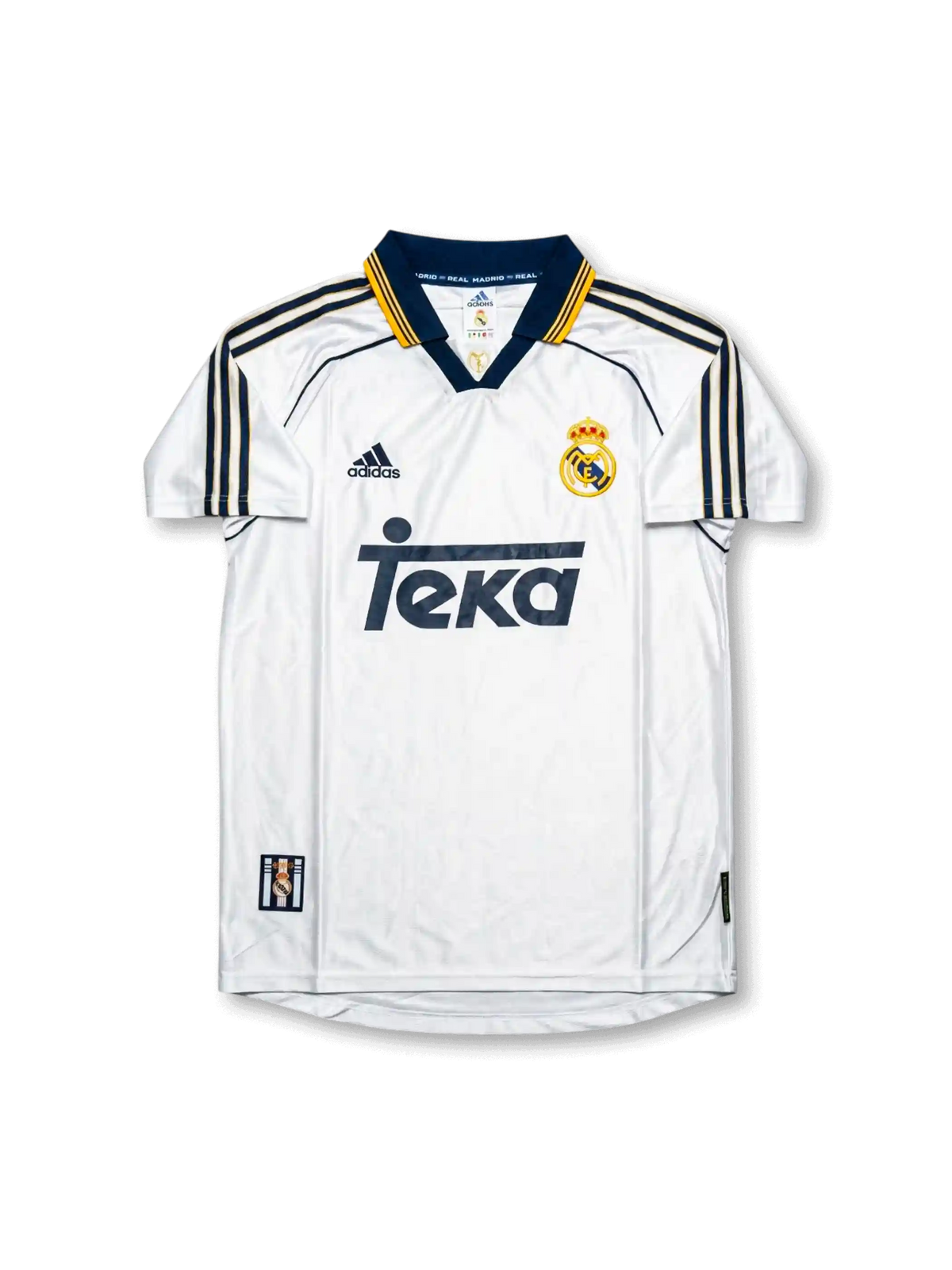 Front view of Real Madrid 1998-00 home shirt with white base, Teka sponsor, navy-and-gold collar trim, adidas logo, and club crest.