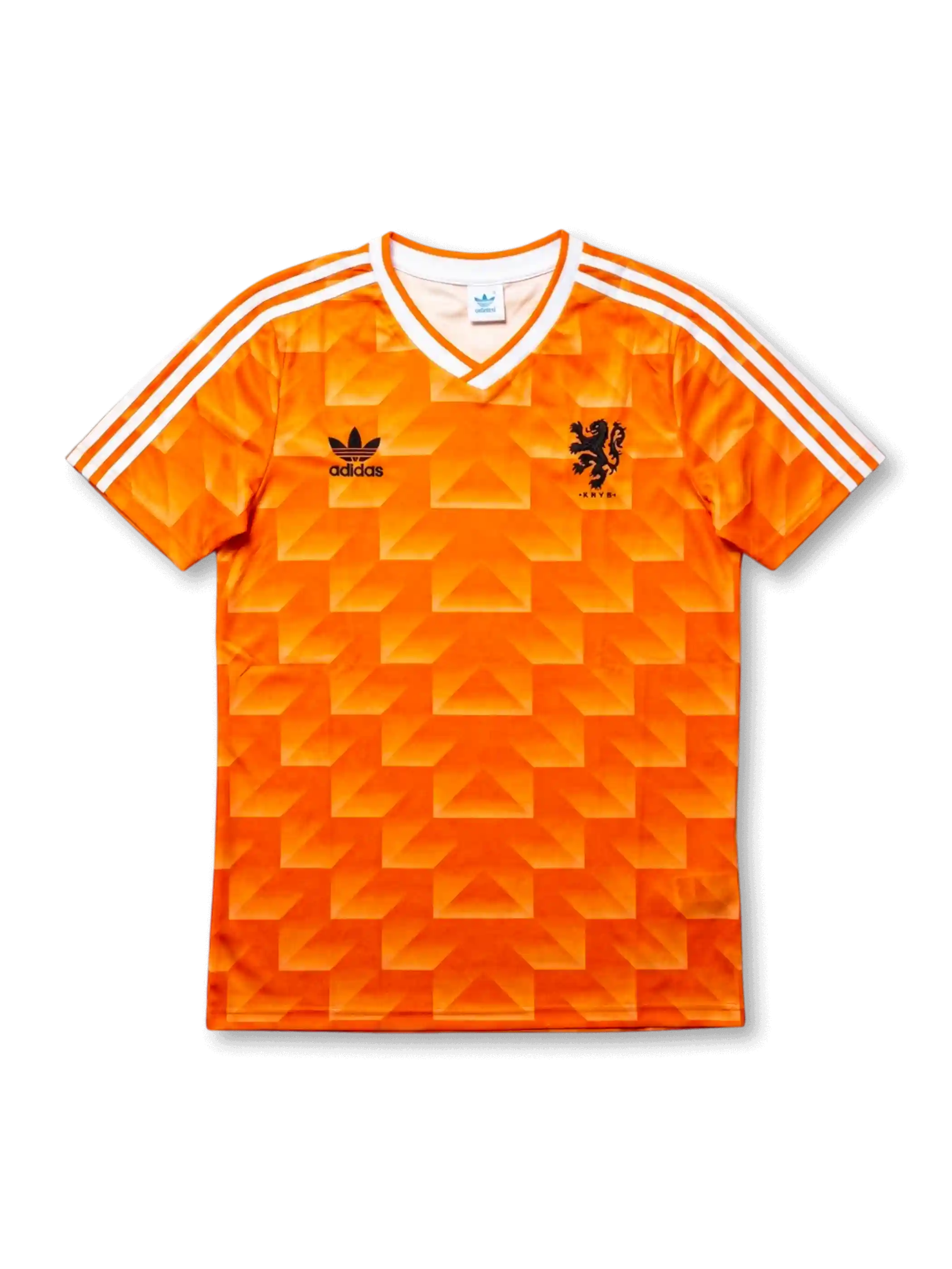 Front view of Netherlands 1988 home shirt with orange geometric pattern, white V-neck collar, white shoulder stripes, and black crest detail.