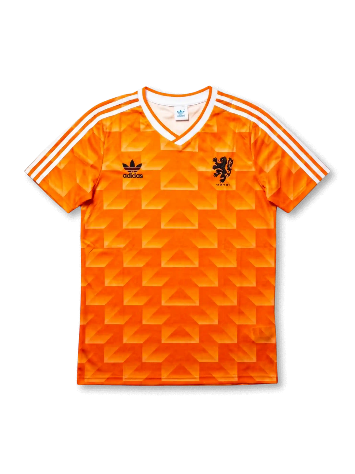 Front view of Netherlands 1988 home shirt with orange geometric pattern, white V-neck collar, white shoulder stripes, and black crest detail.