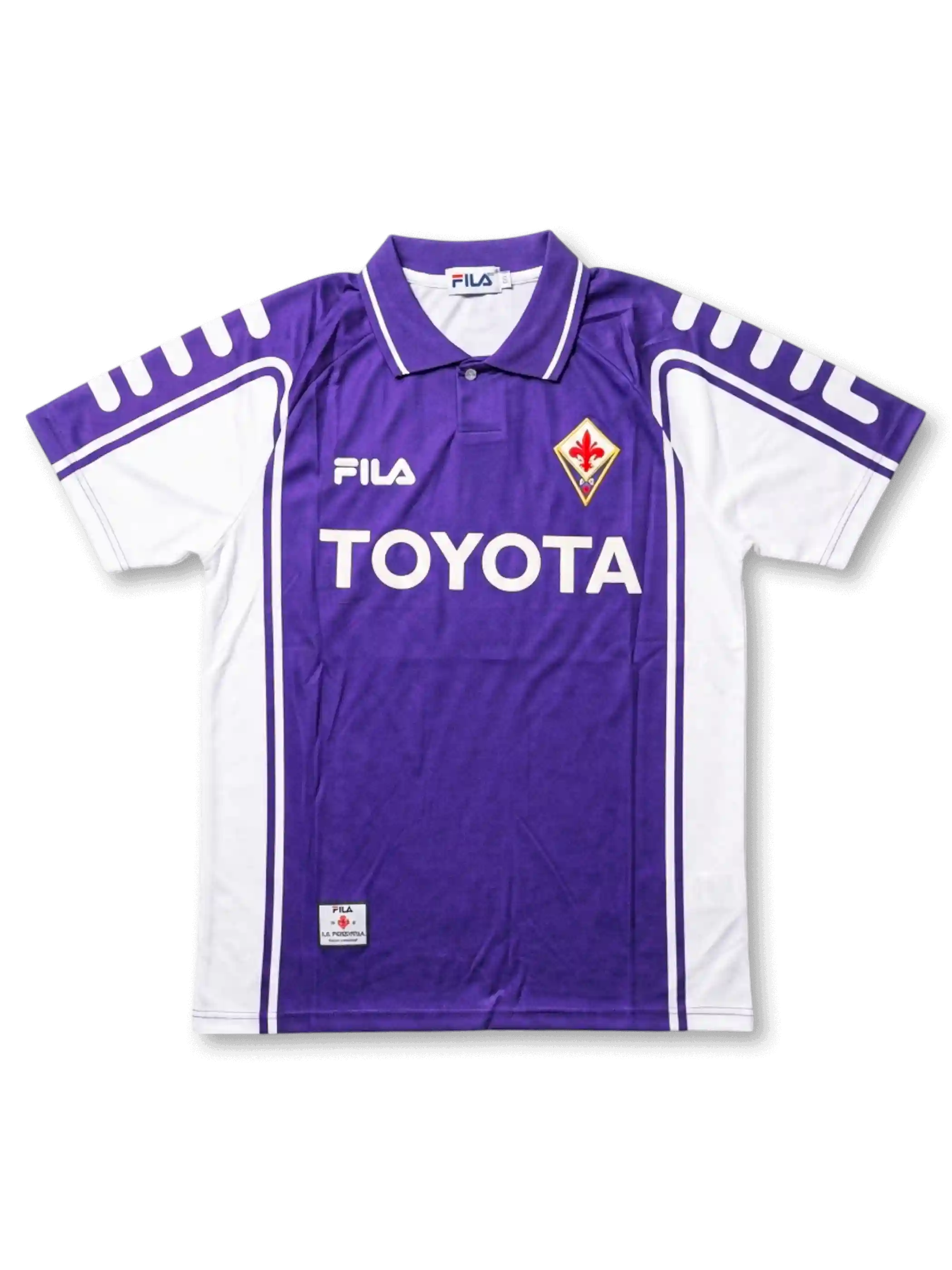 Front view of Fiorentina 1999-00 home shirt with purple body, white side panels, Toyota sponsor, and club crest.