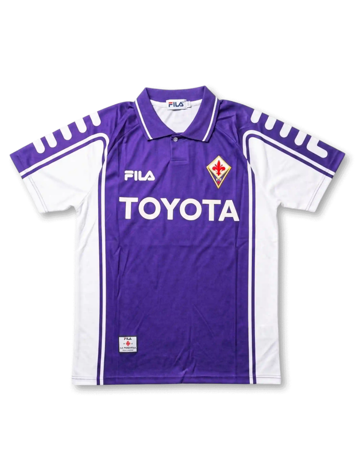 Front view of Fiorentina 1999-00 home shirt with purple body, white side panels, Toyota sponsor, and club crest.