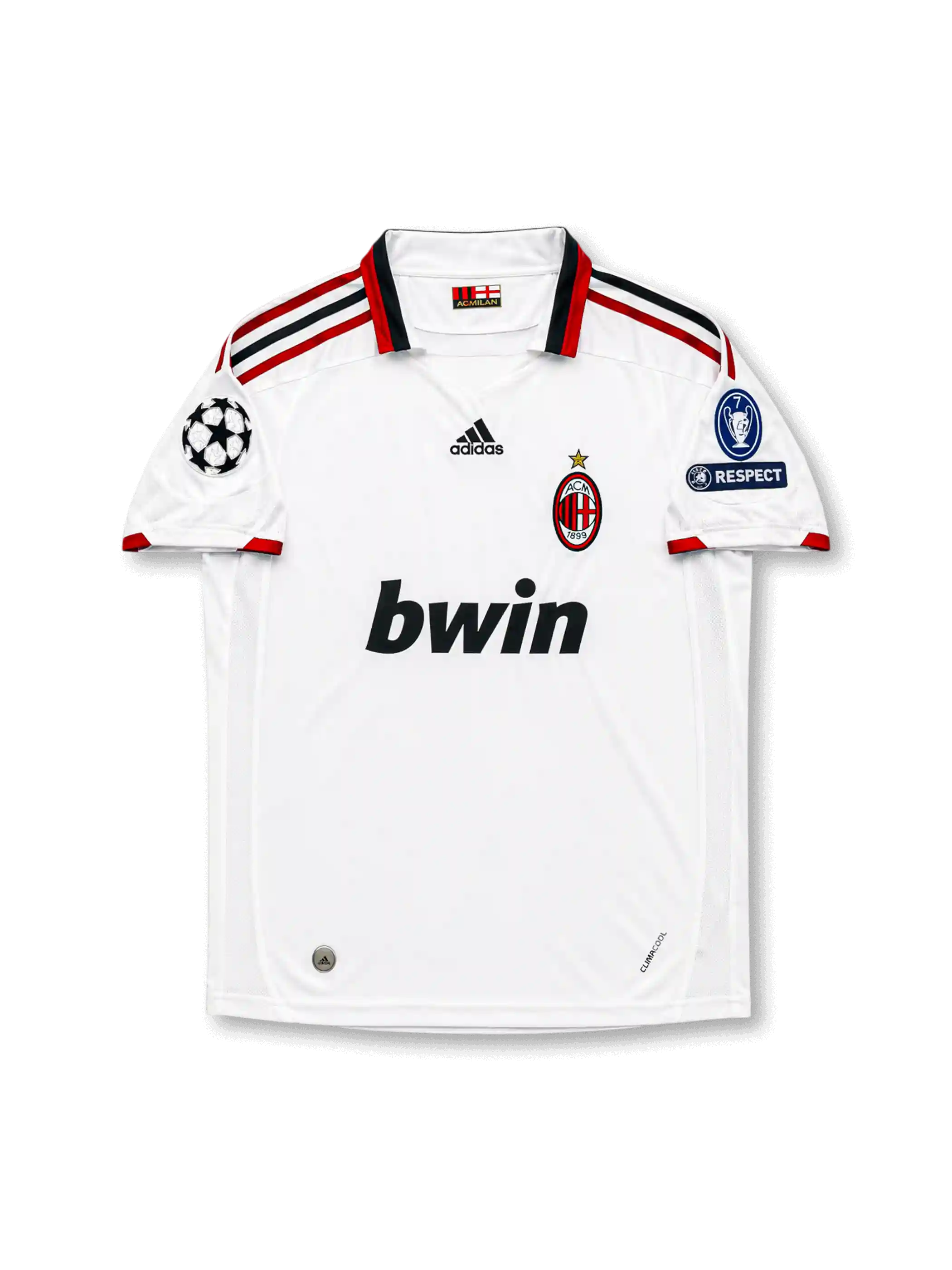 Front view of AC Milan 2009-10 away shirt with white body, red-and-black trim, bwin sponsor, club crest, and Champions League sleeve patches.