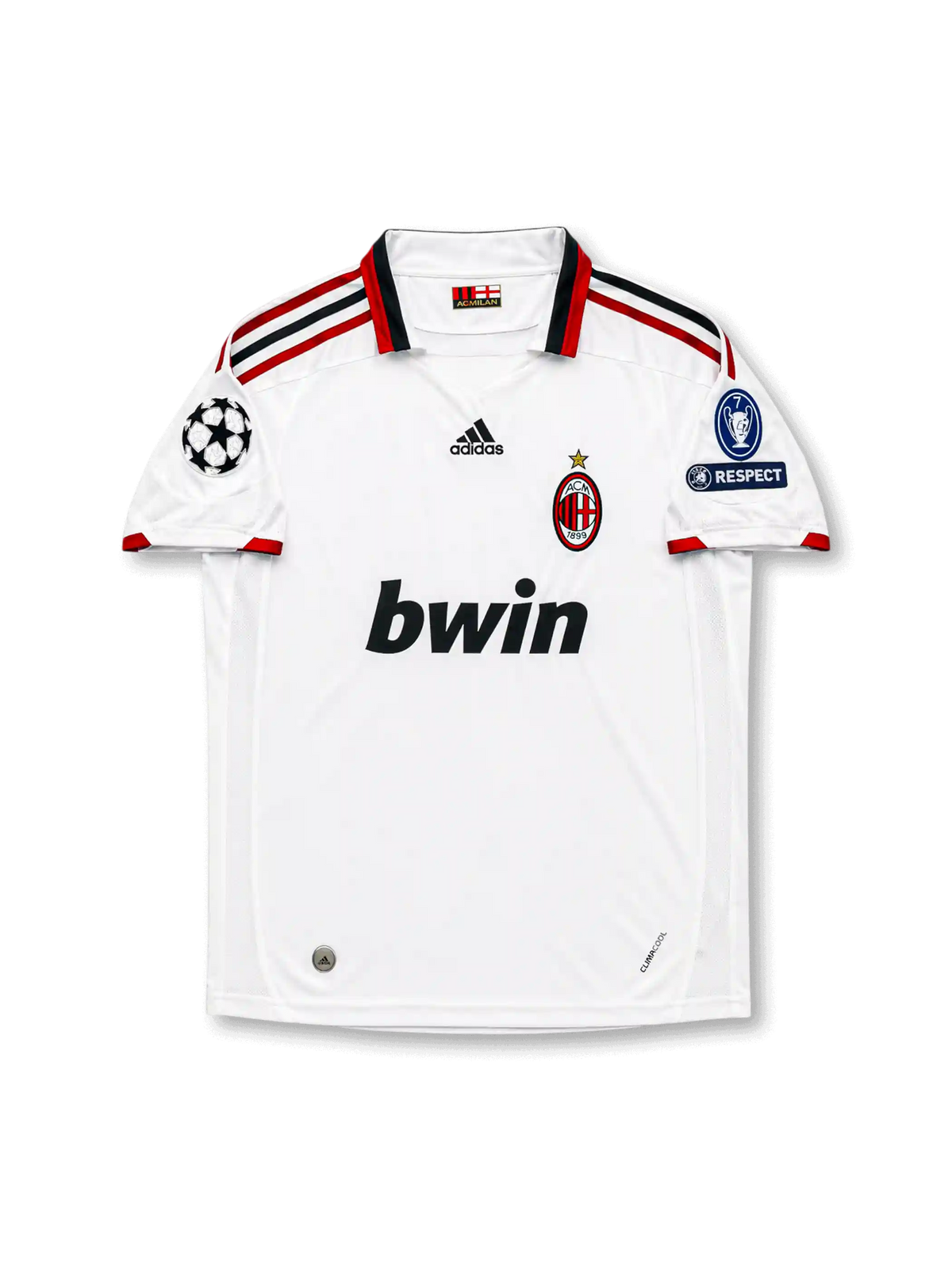 Front view of AC Milan 2009-10 away shirt with white body, red-and-black trim, bwin sponsor, club crest, and Champions League sleeve patches.