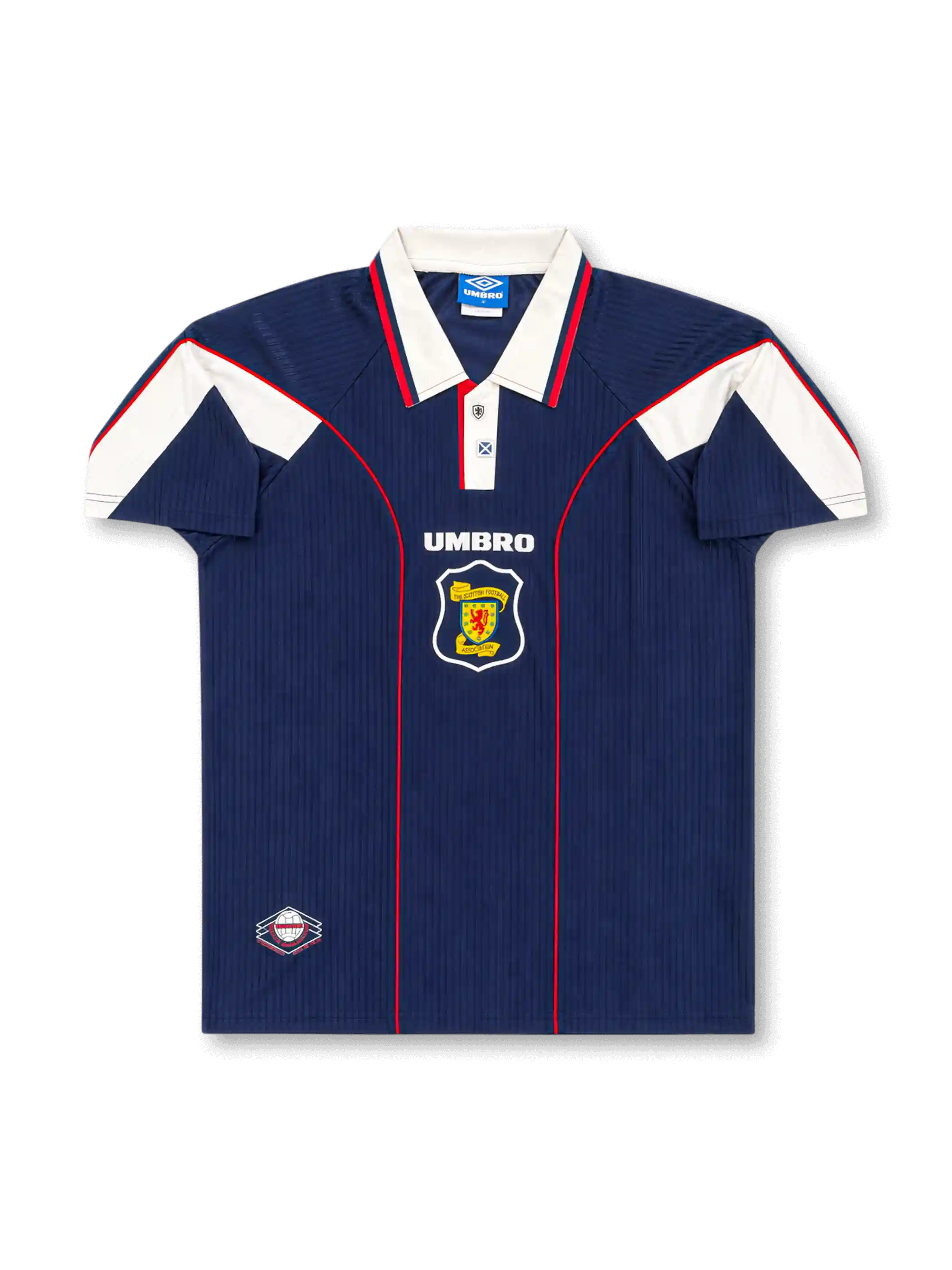 Front view of Scotland 1998 World Cup home shirt with navy body, white shoulder panels, red piping, fold-over collar, and Scotland crest.